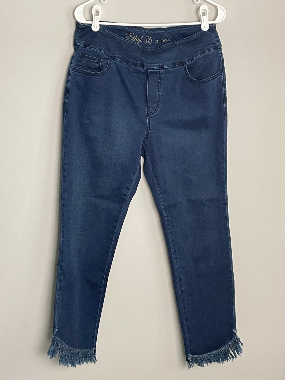 Ethyl Clothing- ankle pull on jeans with fringe- 5 pockets